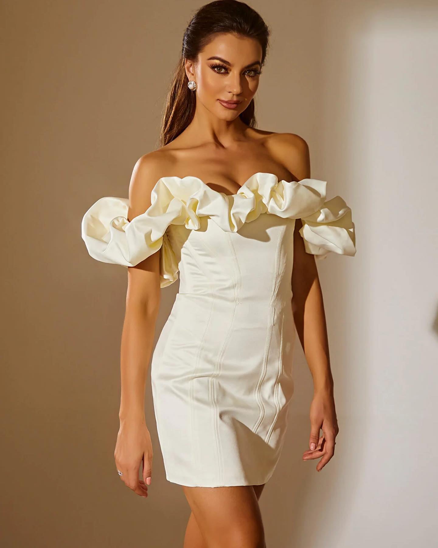 Satin Ruffle Dress Ivory