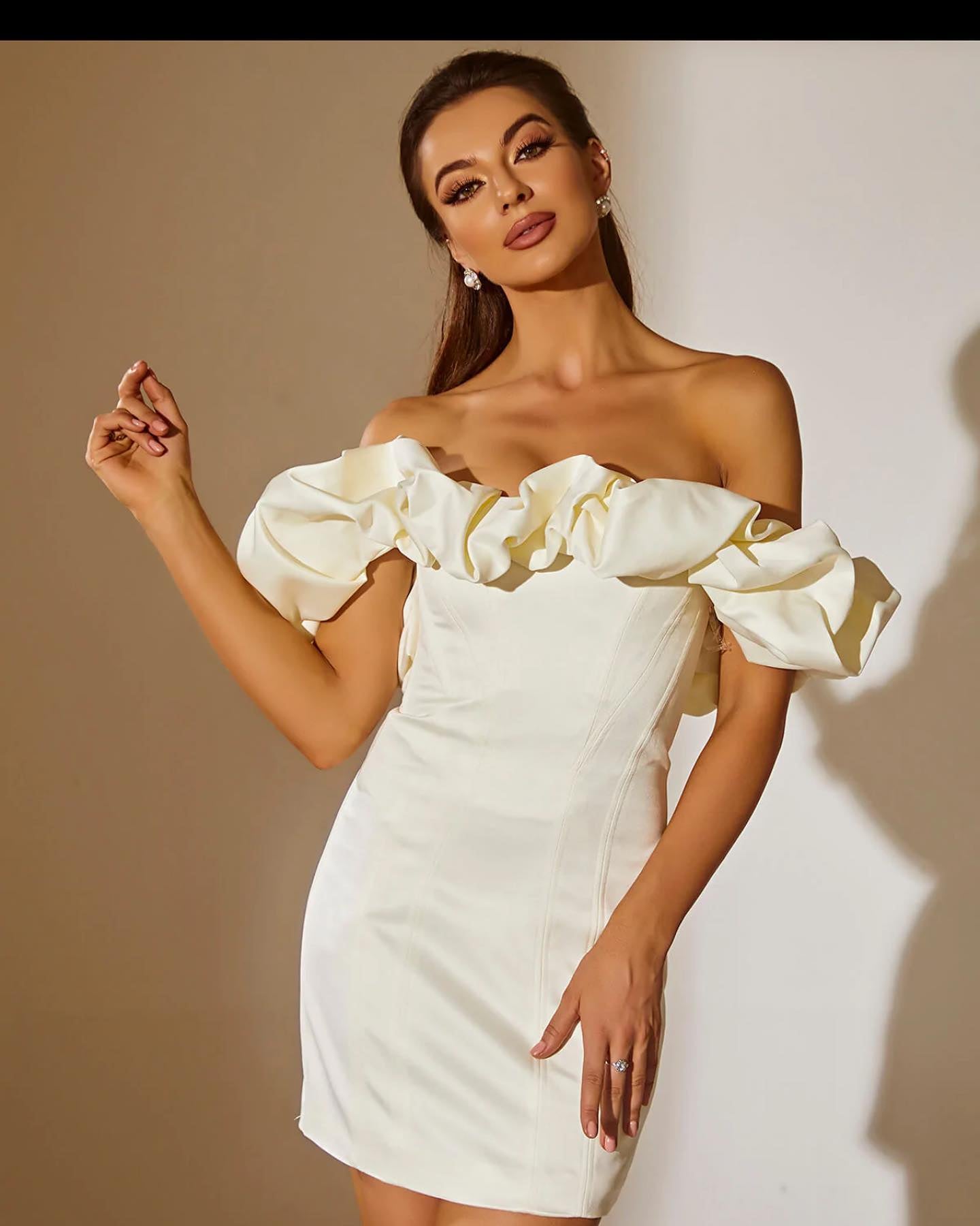 Satin Ruffle Dress Ivory
